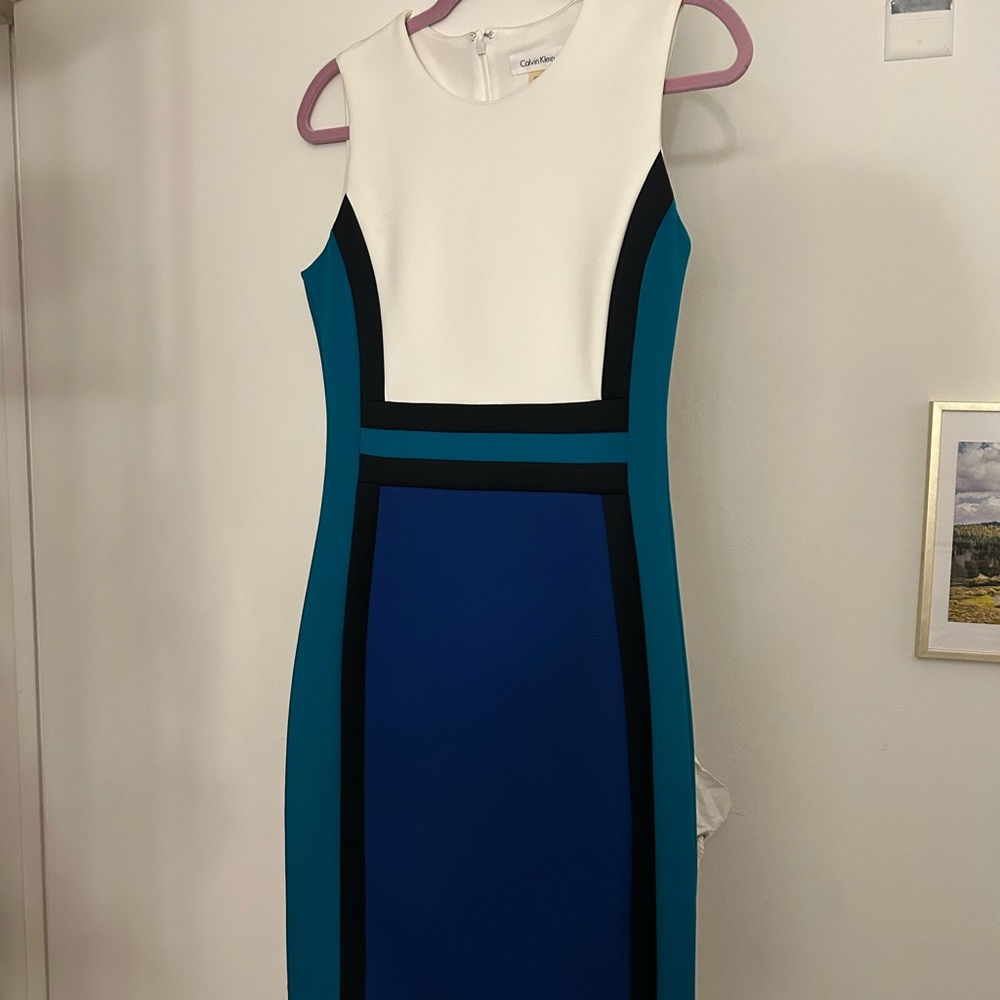 Calvin Klein Colorblock Sheath Dress - Blue and White